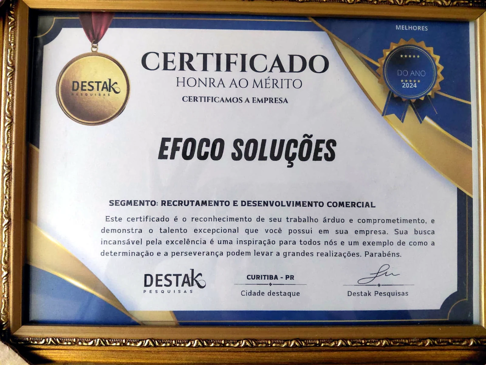 Certificado Destak Pesquisas 2024